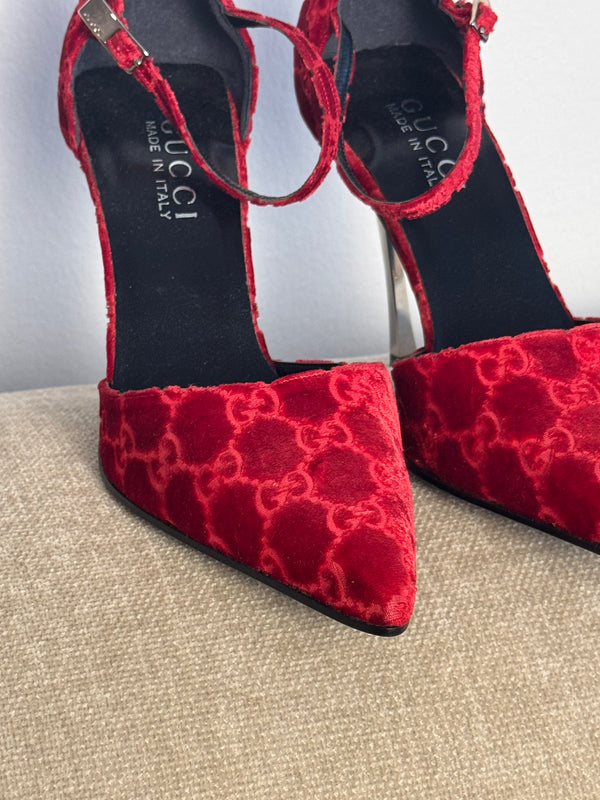Gucci Tom Ford Vintage F/W 1997 deep red velvet GG embossed D'Orsay pointed toe stiletto heels silver hardware
