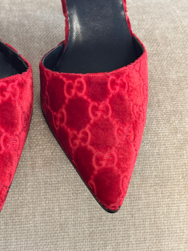 Gucci Tom Ford Vintage F/W 1997 deep red velvet GG embossed D'Orsay pointed toe stiletto heels silver hardware