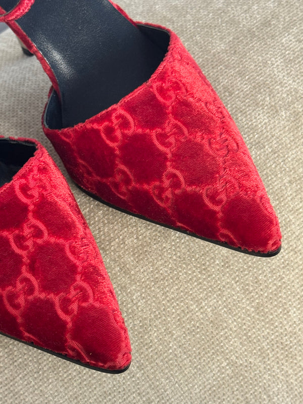 Gucci Tom Ford Vintage F/W 1997 deep red velvet GG embossed D'Orsay pointed toe stiletto heels silver hardware