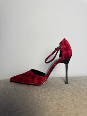 Gucci Tom Ford Vintage F/W 1997 deep red velvet GG embossed D'Orsay pointed toe stiletto heels silver hardware