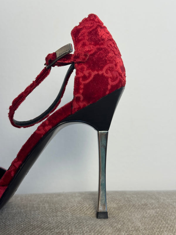 Gucci Tom Ford Vintage F/W 1997 deep red velvet GG embossed D'Orsay pointed toe stiletto heels silver hardware