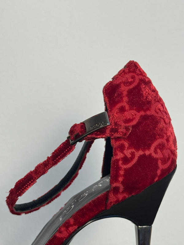 Gucci Tom Ford Vintage F/W 1997 deep red velvet GG embossed D'Orsay pointed toe stiletto heels silver hardware