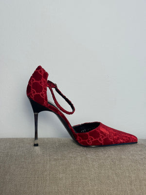 Gucci Tom Ford Vintage F/W 1997 deep red velvet GG embossed D'Orsay pointed toe stiletto heels silver hardware