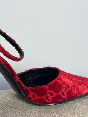 Gucci Tom Ford Vintage F/W 1997 deep red velvet GG embossed D'Orsay pointed toe stiletto heels silver hardware