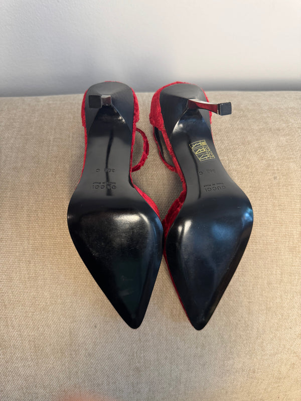 Gucci Tom Ford Vintage F/W 1997 deep red velvet GG embossed D'Orsay pointed toe stiletto heels silver hardware