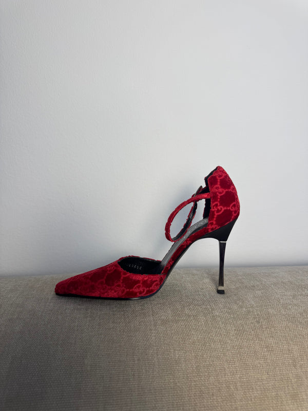 Gucci Tom Ford Vintage F/W 1997 deep red velvet GG embossed D'Orsay pointed toe stiletto heels silver hardware