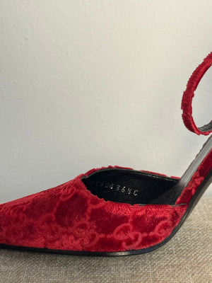 Gucci Tom Ford Vintage F/W 1997 deep red velvet GG embossed D'Orsay pointed toe stiletto heels silver hardware