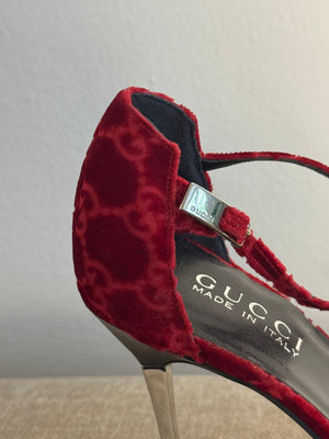 Gucci Tom Ford Vintage F/W 1997 deep red velvet GG embossed D'Orsay pointed toe stiletto heels silver hardware