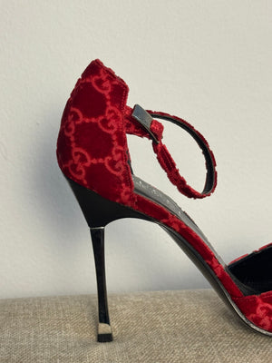 Gucci Tom Ford Vintage F/W 1997 deep red velvet GG embossed D'Orsay pointed toe stiletto heels silver hardware