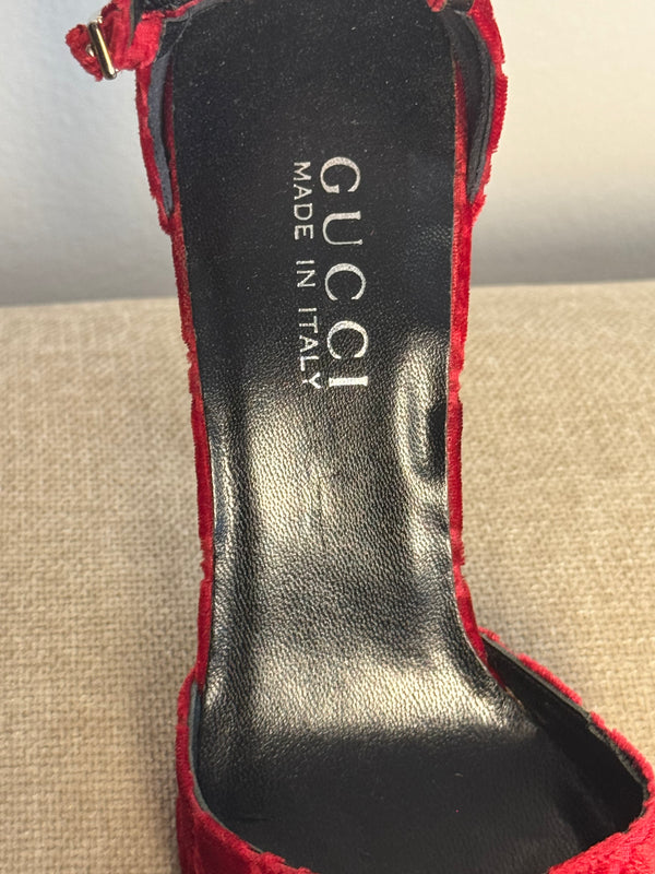 Gucci Tom Ford Vintage F/W 1997 deep red velvet GG embossed D'Orsay pointed toe stiletto heels silver hardware