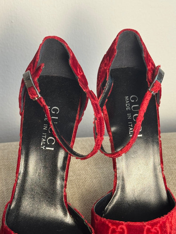 Gucci Tom Ford Vintage F/W 1997 deep red velvet GG embossed D'Orsay pointed toe stiletto heels silver hardware
