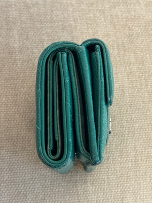 Chanel Purse Emerald Green Quilted Caviar Leather Classic Flap Card Holder CC Coco Mark Trifold with Gold Hardware