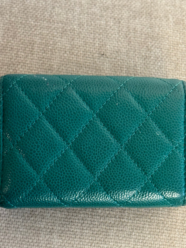 Chanel Purse Emerald Green Quilted Caviar Leather Classic Flap Card Holder CC Coco Mark Trifold with Gold Hardware