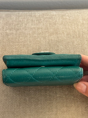 Chanel Purse Emerald Green Quilted Caviar Leather Classic Flap Card Holder CC Coco Mark Trifold with Gold Hardware