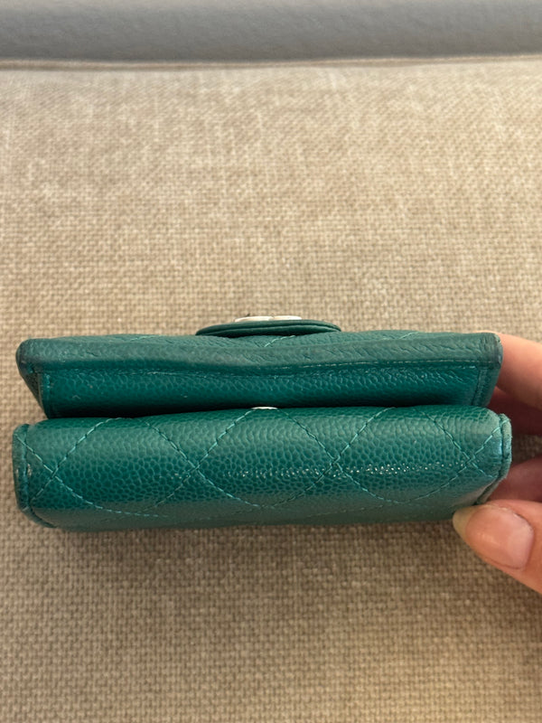 Chanel Purse Emerald Green Quilted Caviar Leather Classic Flap Card Holder CC Coco Mark Trifold with Gold Hardware