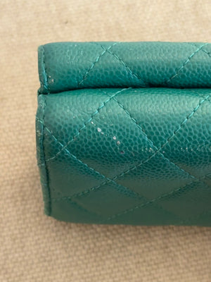 Chanel Purse Emerald Green Quilted Caviar Leather Classic Flap Card Holder CC Coco Mark Trifold with Gold Hardware