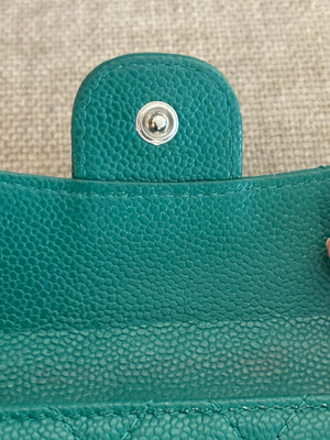 Chanel Purse Emerald Green Quilted Caviar Leather Classic Flap Card Holder CC Coco Mark Trifold with Gold Hardware