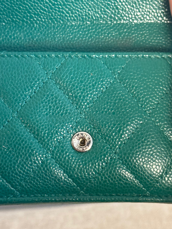 Chanel Purse Emerald Green Quilted Caviar Leather Classic Flap Card Holder CC Coco Mark Trifold with Gold Hardware