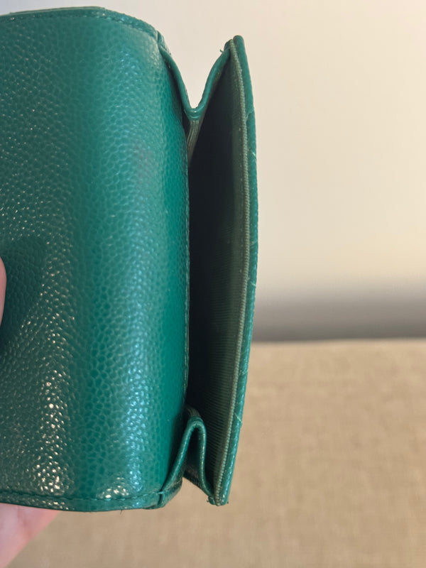 Chanel Purse Emerald Green Quilted Caviar Leather Classic Flap Card Holder CC Coco Mark Trifold with Gold Hardware