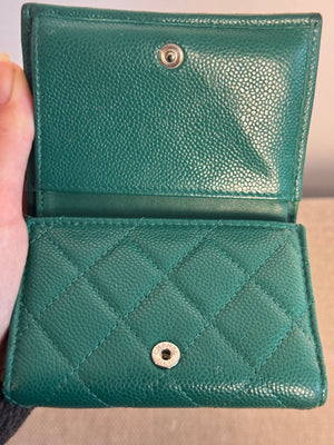 Chanel Purse Emerald Green Quilted Caviar Leather Classic Flap Card Holder CC Coco Mark Trifold with Gold Hardware