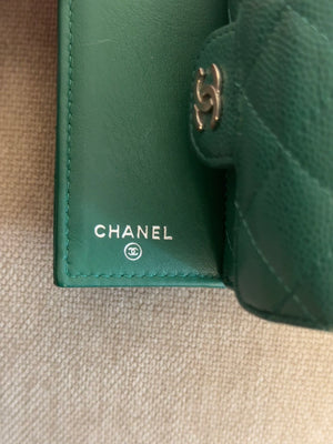 Chanel Purse Emerald Green Quilted Caviar Leather Classic Flap Card Holder CC Coco Mark Trifold with Gold Hardware