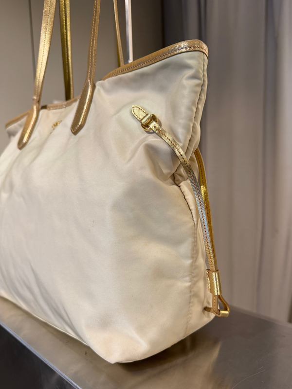 Prada Beige Tessuto Nylon and Saffiano Leather Tote Bag Gold-Tone Hardware