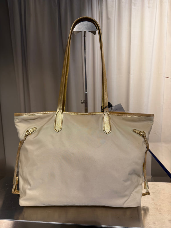 Prada Beige Tessuto Nylon and Saffiano Leather Tote Bag Gold-Tone Hardware