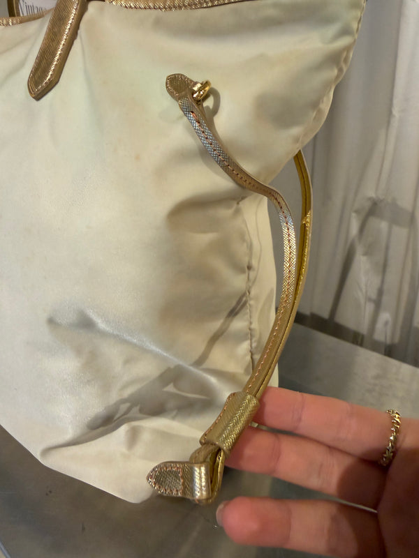 Prada Beige Tessuto Nylon and Saffiano Leather Tote Bag Gold-Tone Hardware