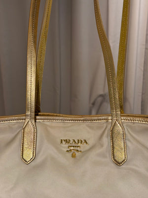 Prada Beige Tessuto Nylon and Saffiano Leather Tote Bag Gold-Tone Hardware