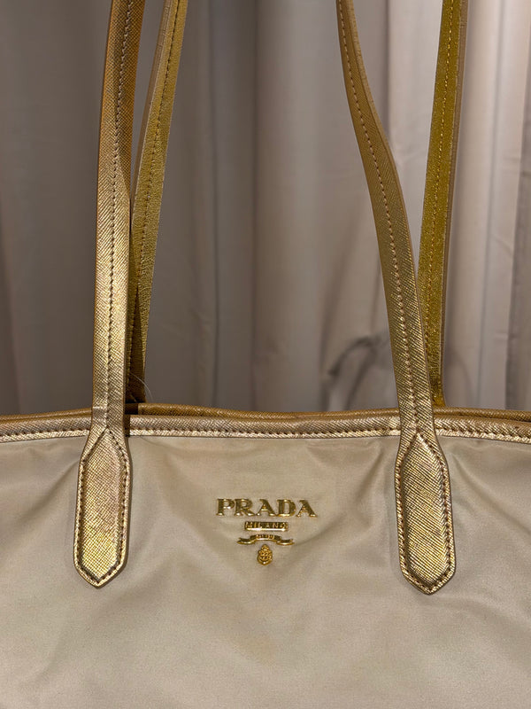 Prada Beige Tessuto Nylon and Saffiano Leather Tote Bag Gold-Tone Hardware