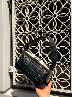 Chanel Vintage 2001 Black and Creme Chocolate Bar Leather Frame Checkered Shoulder Bag Karl Lagerfeld Limited Edition