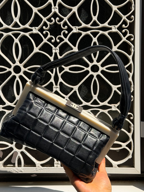 Chanel Vintage 2001 Black and Creme Chocolate Bar Leather Frame Checkered Shoulder Bag Karl Lagerfeld Limited Edition