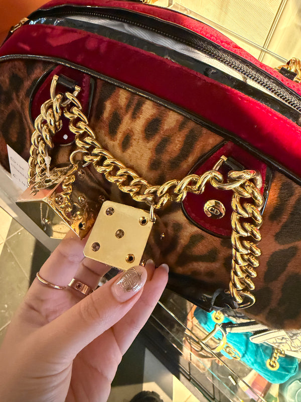 Christian Dior Ponyhair Gambler Dice Rhinestone Bowling Bag Leopard Cheetah Red Suede y2k 2004 John Galliano