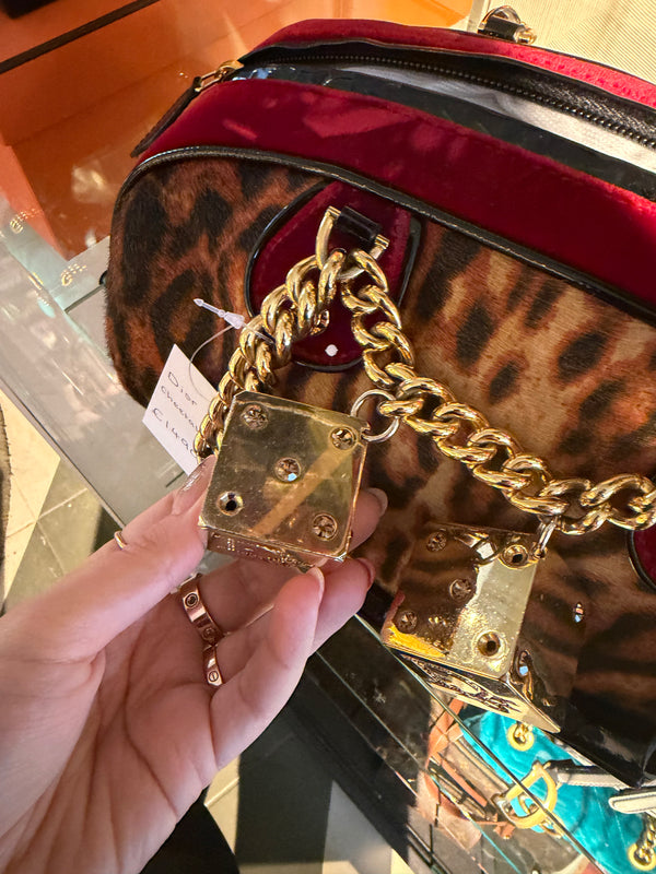 Christian Dior Ponyhair Gambler Dice Rhinestone Bowling Bag Leopard Cheetah Red Suede y2k 2004 John Galliano