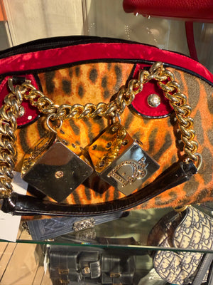 Christian Dior Ponyhair Gambler Dice Rhinestone Bowling Bag Leopard Cheetah Red Suede y2k 2004 John Galliano