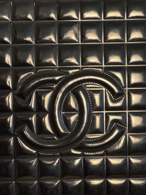 Chanel Black Chocolate Bar Quilted Patent Perspex Handle Clutch 2002/2003 Karl Lagerfeld CC Coco Mark Square Purse Black Monochrome