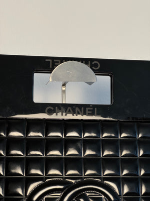 Chanel Black Chocolate Bar Quilted Patent Perspex Handle Clutch 2002/2003 Karl Lagerfeld CC Coco Mark Square Purse Black Monochrome