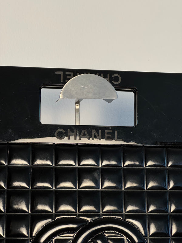 Chanel Black Chocolate Bar Quilted Patent Perspex Handle Clutch 2002/2003 Karl Lagerfeld CC Coco Mark Square Purse Black Monochrome