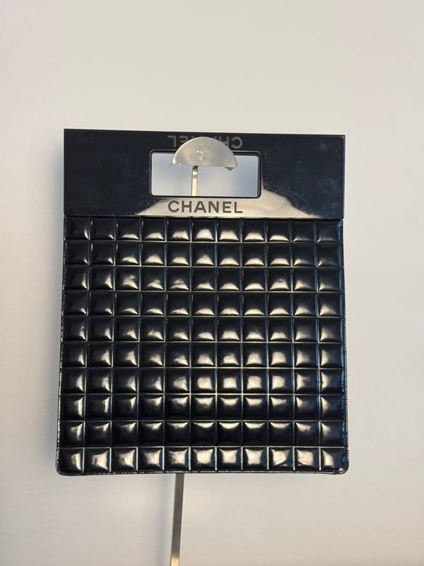 Chanel Black Chocolate Bar Quilted Patent Perspex Handle Clutch 2002/2003 Karl Lagerfeld CC Coco Mark Square Purse Black Monochrome