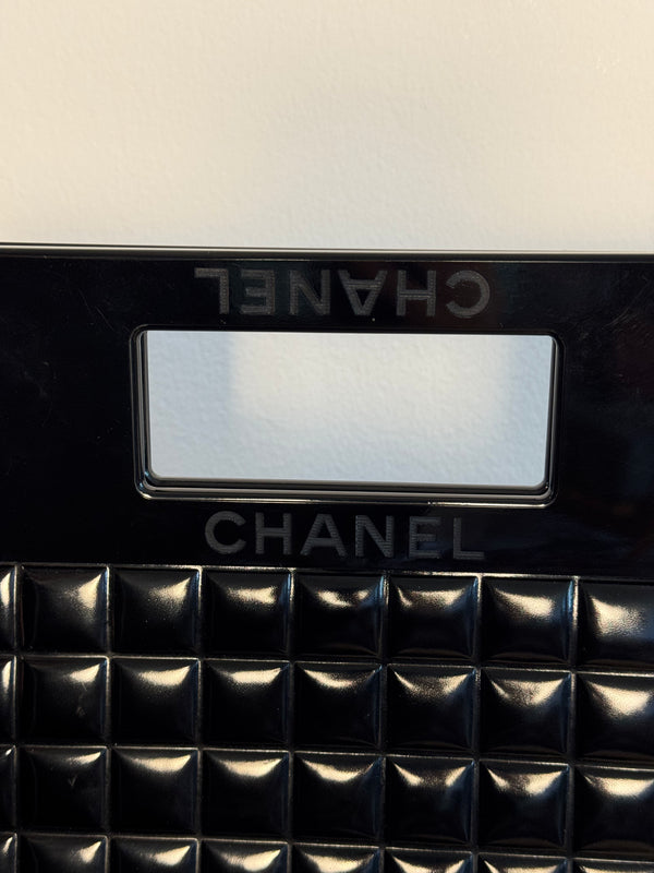 Chanel Black Chocolate Bar Quilted Patent Perspex Handle Clutch 2002/2003 Karl Lagerfeld CC Coco Mark Square Purse Black Monochrome