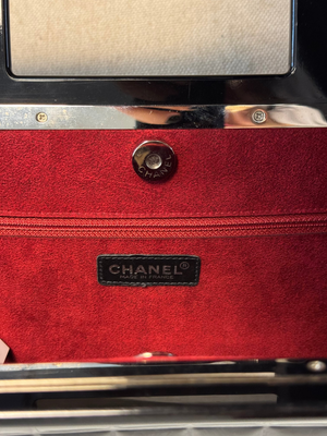 Chanel Black Chocolate Bar Quilted Patent Perspex Handle Clutch 2002/2003 Karl Lagerfeld CC Coco Mark Square Purse Black Monochrome