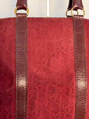 Vintage Christian Dior Boston 30 Burgundy embossed red monogram medium suede mini duffle leather handles lock detail