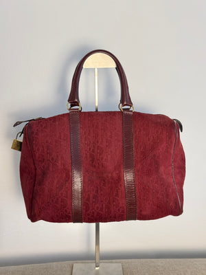 Vintage Christian Dior Boston 30 Burgundy embossed red monogram medium suede mini duffle leather handles lock detail