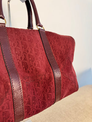 Vintage Christian Dior Boston 30 Burgundy embossed red monogram medium suede mini duffle leather handles lock detail