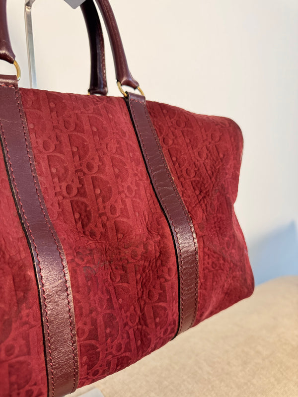 Vintage Christian Dior Boston 30 Burgundy embossed red monogram medium suede mini duffle leather handles lock detail