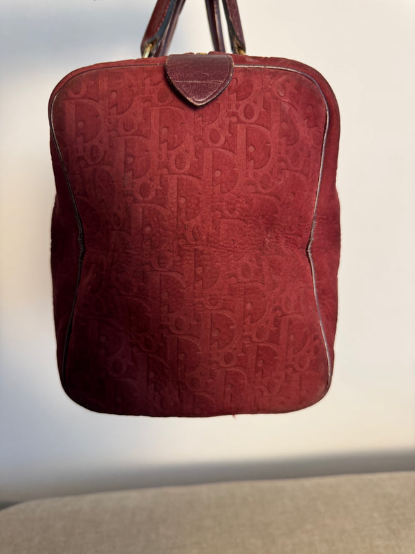 Vintage Christian Dior Boston 30 Burgundy embossed red monogram medium suede mini duffle leather handles lock detail