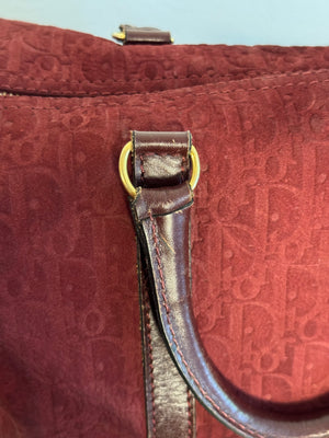 Vintage Christian Dior Boston 30 Burgundy embossed red monogram medium suede mini duffle leather handles lock detail