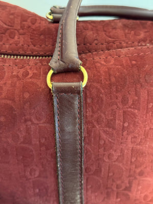 Vintage Christian Dior Boston 30 Burgundy embossed red monogram medium suede mini duffle leather handles lock detail