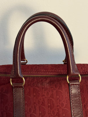 Vintage Christian Dior Boston 30 Burgundy embossed red monogram medium suede mini duffle leather handles lock detail