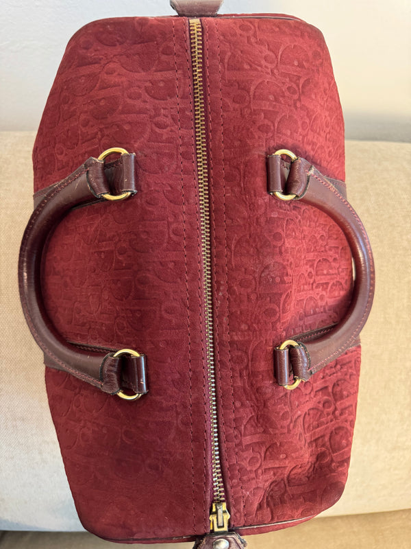 Vintage Christian Dior Boston 30 Burgundy embossed red monogram medium suede mini duffle leather handles lock detail